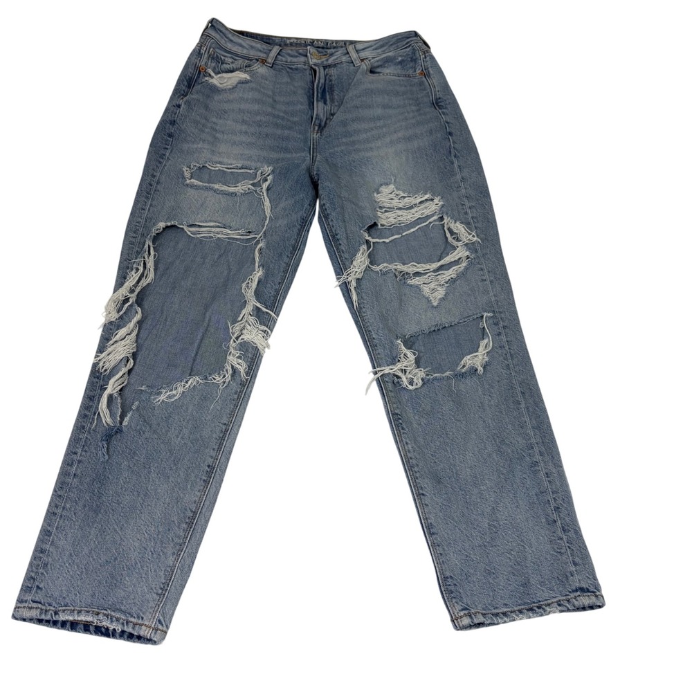 American Eagle Highest Rise‎ Mom Jean Womens 10 Distressed Ripped Blue Denim
